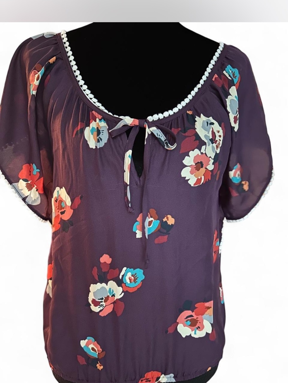 Vintage American Eagle Outfitters Purple Floral Tie-Front Peasant Blouse